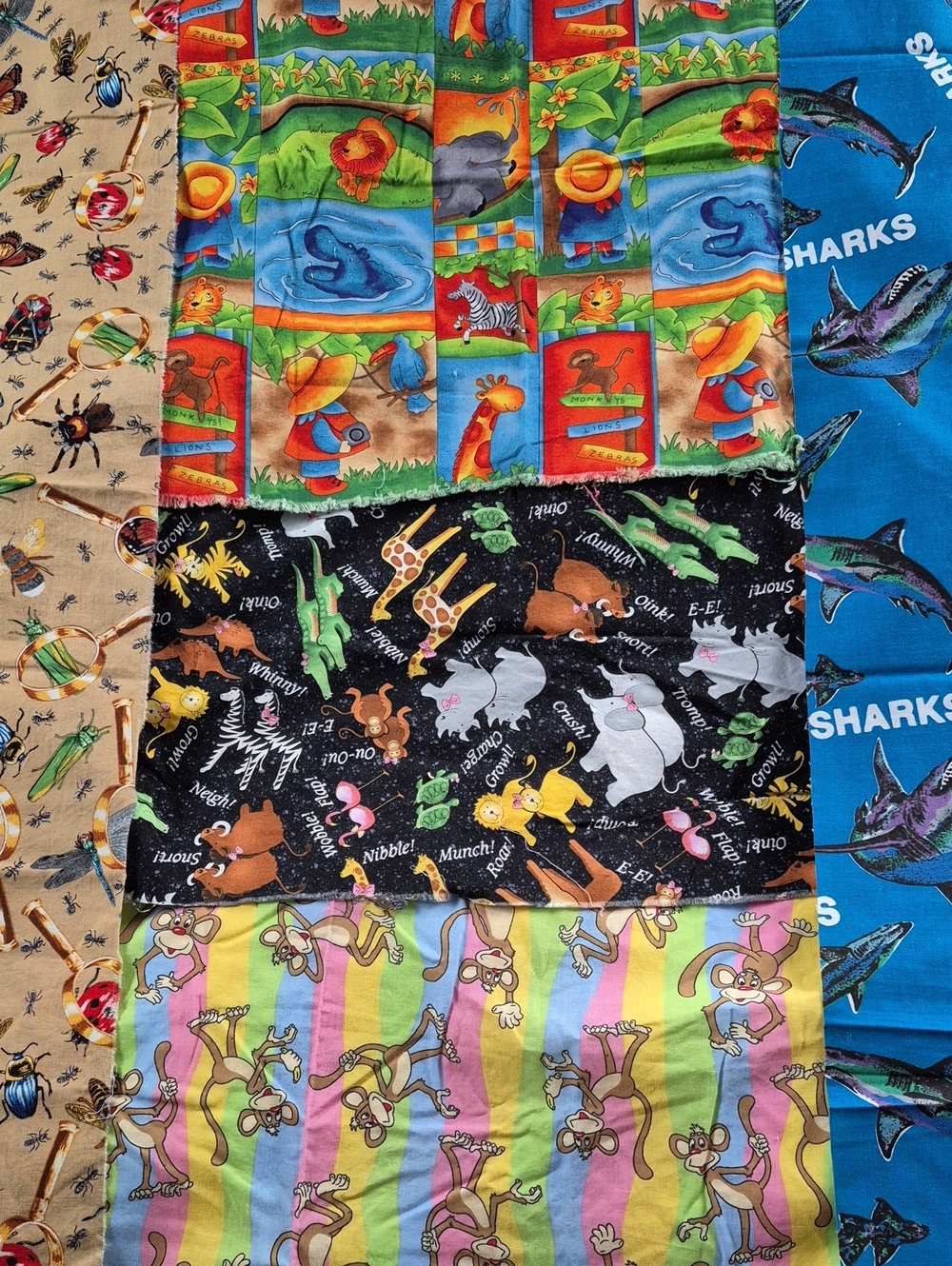 Vintage Colorful Animal Patchwork Quilt Panels, Fabric Remnants Irregular Shapes